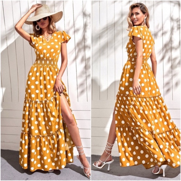 Boho Dusty PInk  Polka Dot V neck Ruffle Maxi Dress - Picture 3 of 9